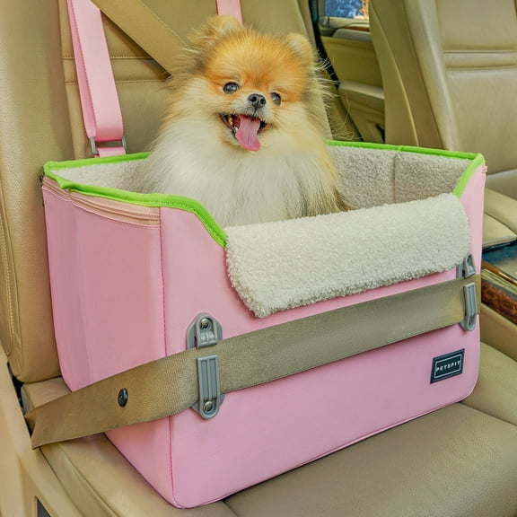 PETSFIT 16in Pet Booster Car Seat, Puppy Portable Dog Booster seat for Car with Clip-On Leash, Up to 25lbs (Pink)