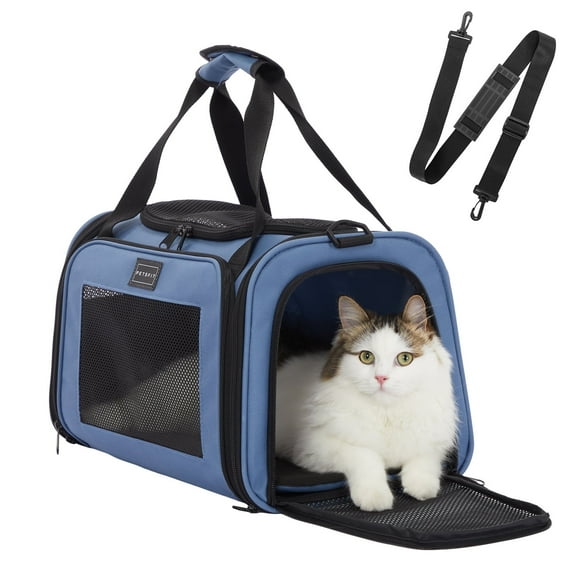 PETSFIT 17in Cat Carrier, Pet Carrier Airline Approved, Soft Carrier for Small and Medium Cats Under 20 Lbs, Blue