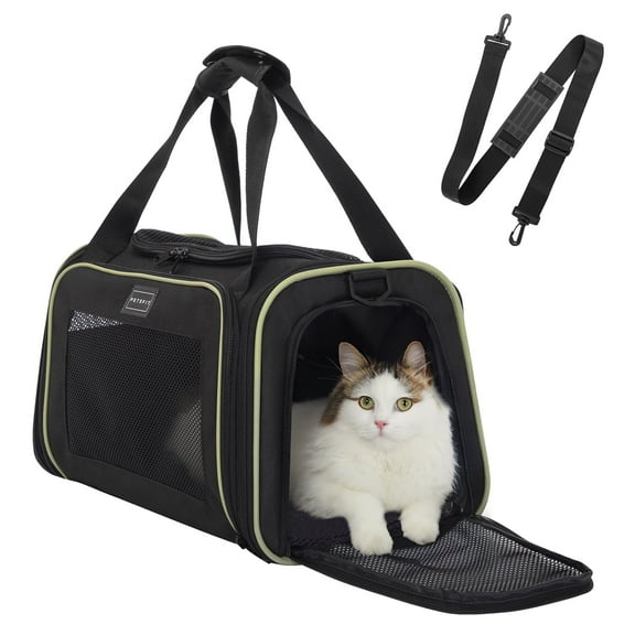 PETSFIT 17in Cat Carrier, Pet Carrier Airline Approved with Extendable Mat, TSA Approved Pet Carrier,Under 20 Lbs, Black
