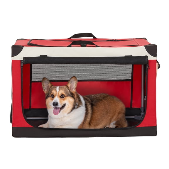 PETSFIT 30inch Soft Sided Dog Crate, Dog Travel Crate-Lightweight, Easy Setup, Sturdy Portable Dog Crate, Adjustable Framework with 3 Mesh Door, Portable Collapsible Dog Kennel, Red