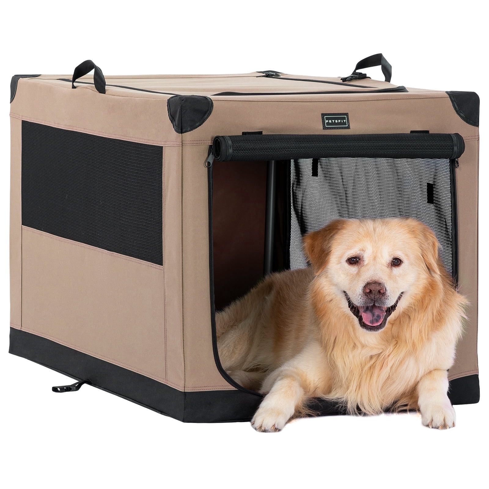 PETSFIT 36 Inch Portable Pet Care Kennel, Adjustable Fabric Cover by Spiral Iron Pipe,3 Door Design,Travel Dog Crate，Khaki
