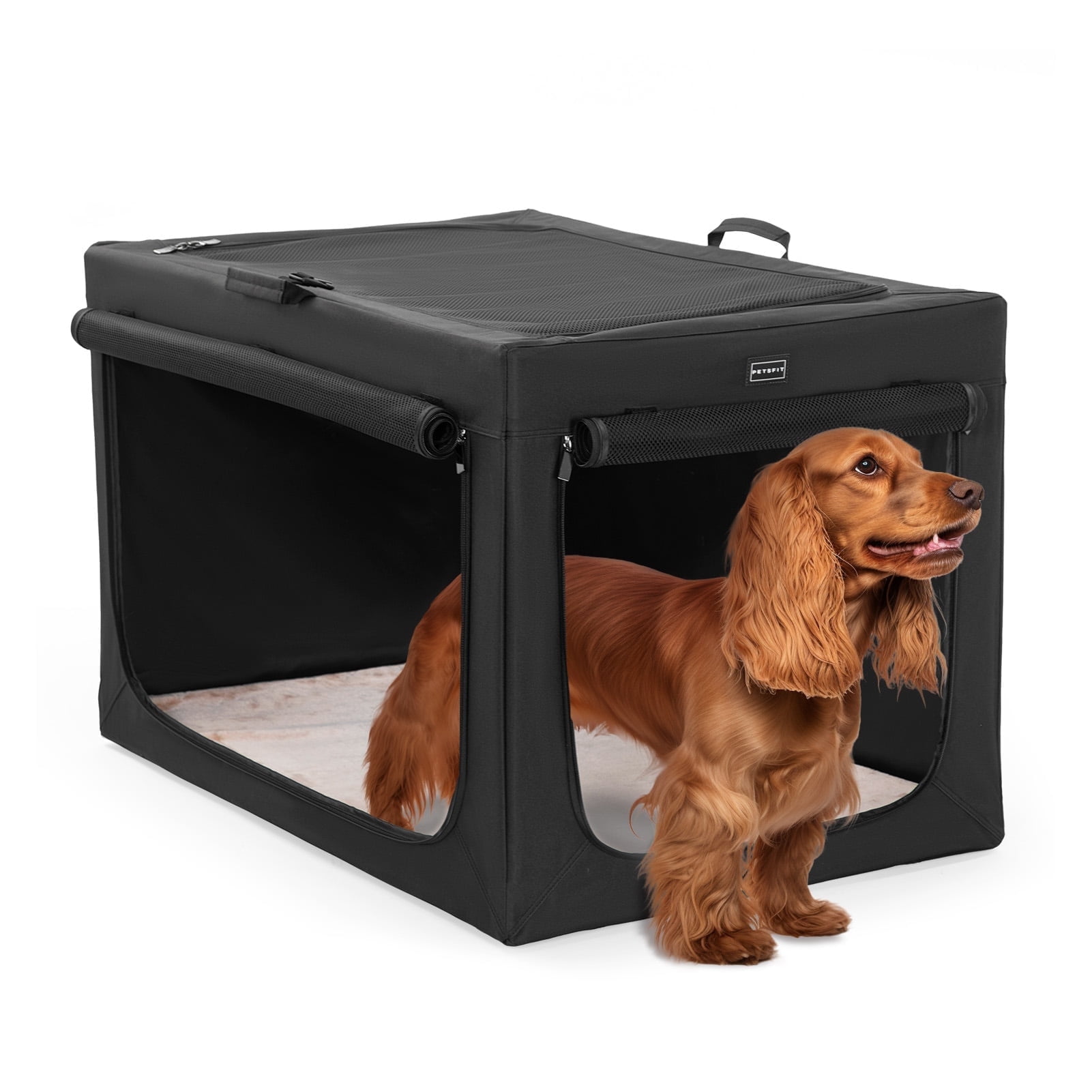 Medium Black Soft-Sided Portable Dog Crate with Mesh Doors