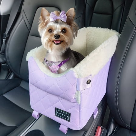 PETSFIT Cat Car Seat with Safe Protection Hooks, Center Console Dog Car Seat with Upgraded Safety Tethers, Washable Cushion, Dog Car Seats for Small Dogs Up to 9 Lbs (Purple)