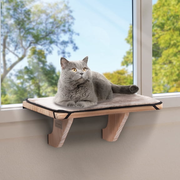PETSFIT Cat Window Perch, Cat Hammock Window Seat with Natural Solid Wood&Removable Fleece Mat,Safety Sturdy Cat Bed for Windowsill, Bedside and Drawer