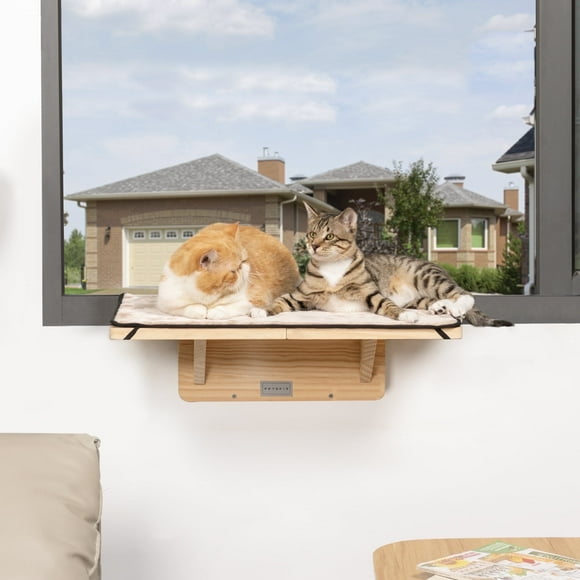 PETSFIT 2 Cats Design Window Perch, Cat Hammock Window Seat with Natural Wood &Removable Fleece Mat for Large Cats, Easy to Adjust&Assemble Cat Bed for Windowsill, Bedside and Drawer