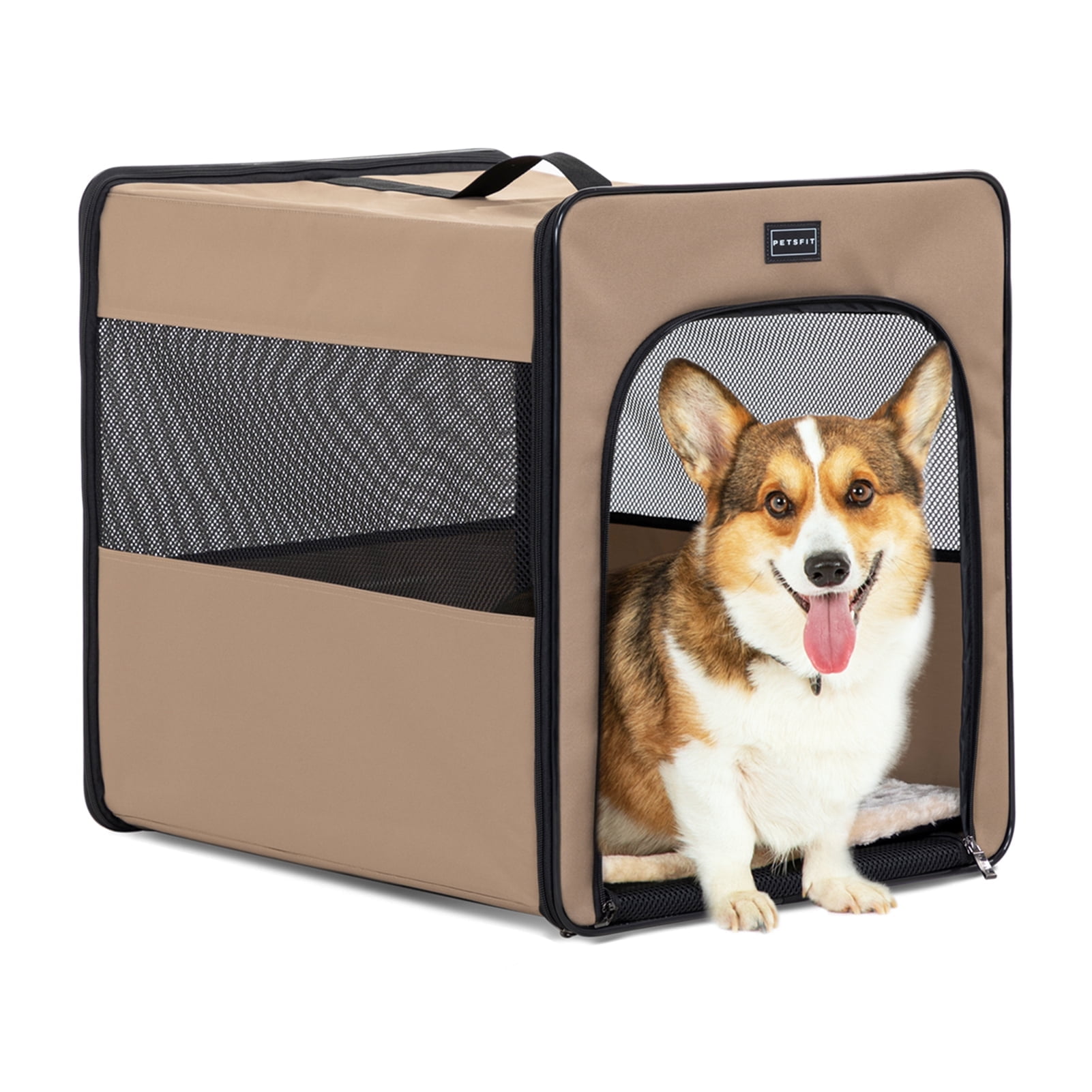 PETSFIT Collapsible Dog Crate, Chewproof Design Breathable & Collapsible Dog Kennel, Indoor and Outdoor Use with Thicken Mat 24 Inch Khaki