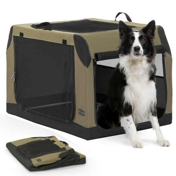 PETSFIT Collapsible Dog Crate, Soft Sided Dog Crate - 36 Inch Sturdy Adjustable Structure, Easy to Set Up, Soft Sided Dog Kennel for Car, Light Tough with 3 Mesh Doors, Army Green