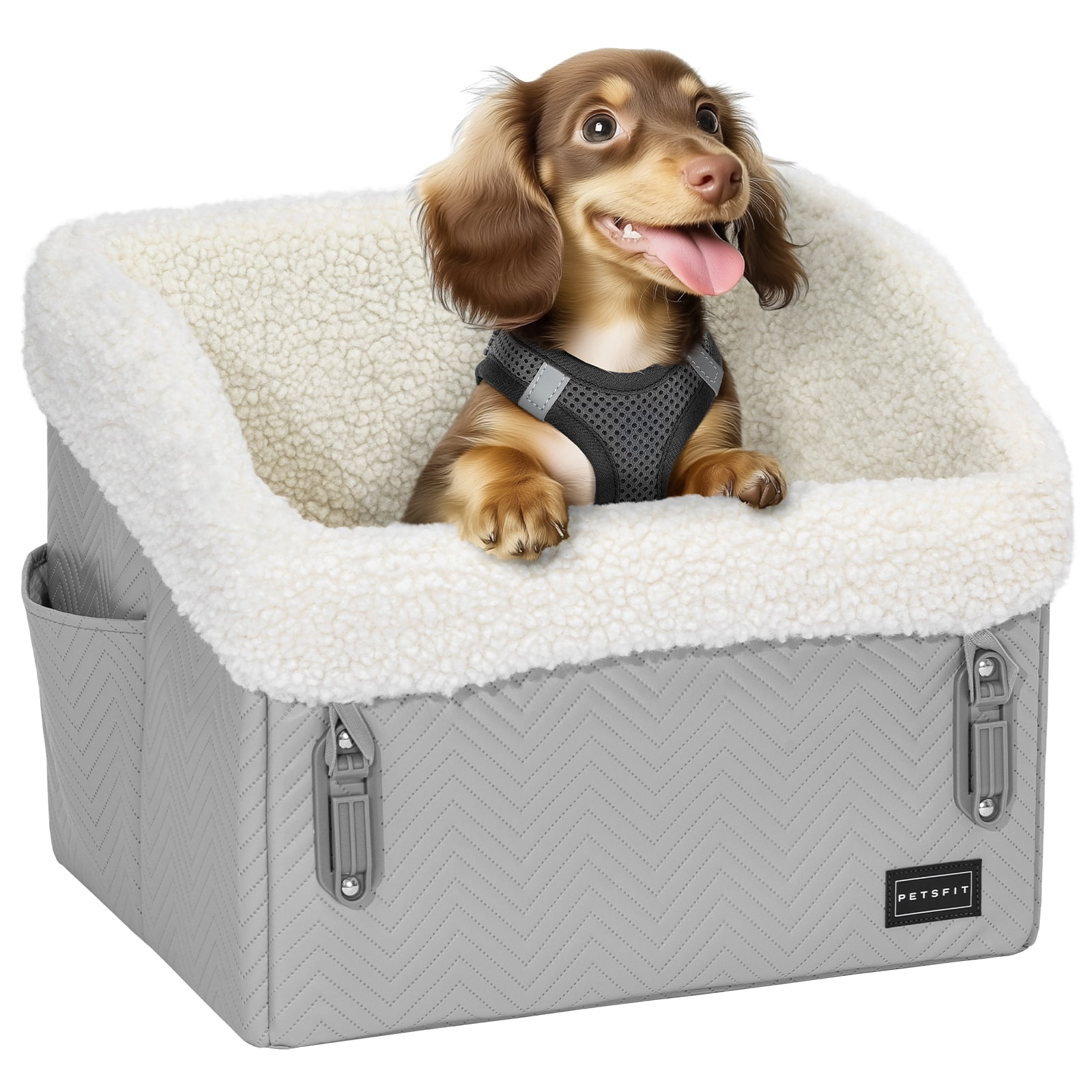 PETSFIT Dog Car Seat, Waterproof PU Leather ,Patented Safe Buckles, Pet Car Seats for Medium or Small Sized Pets,Under 30 lbs ,Grey