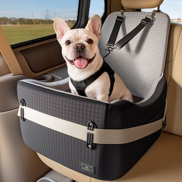 PETSFIT Dog Booster Car Seat for Small/Medium Dogs Up to 35 lbs – Patented Safety System, 6" Memory Foam Pet Booster Car Seat, Fully Detachable and Washable,2 Storage Pockets (Black & Grey)