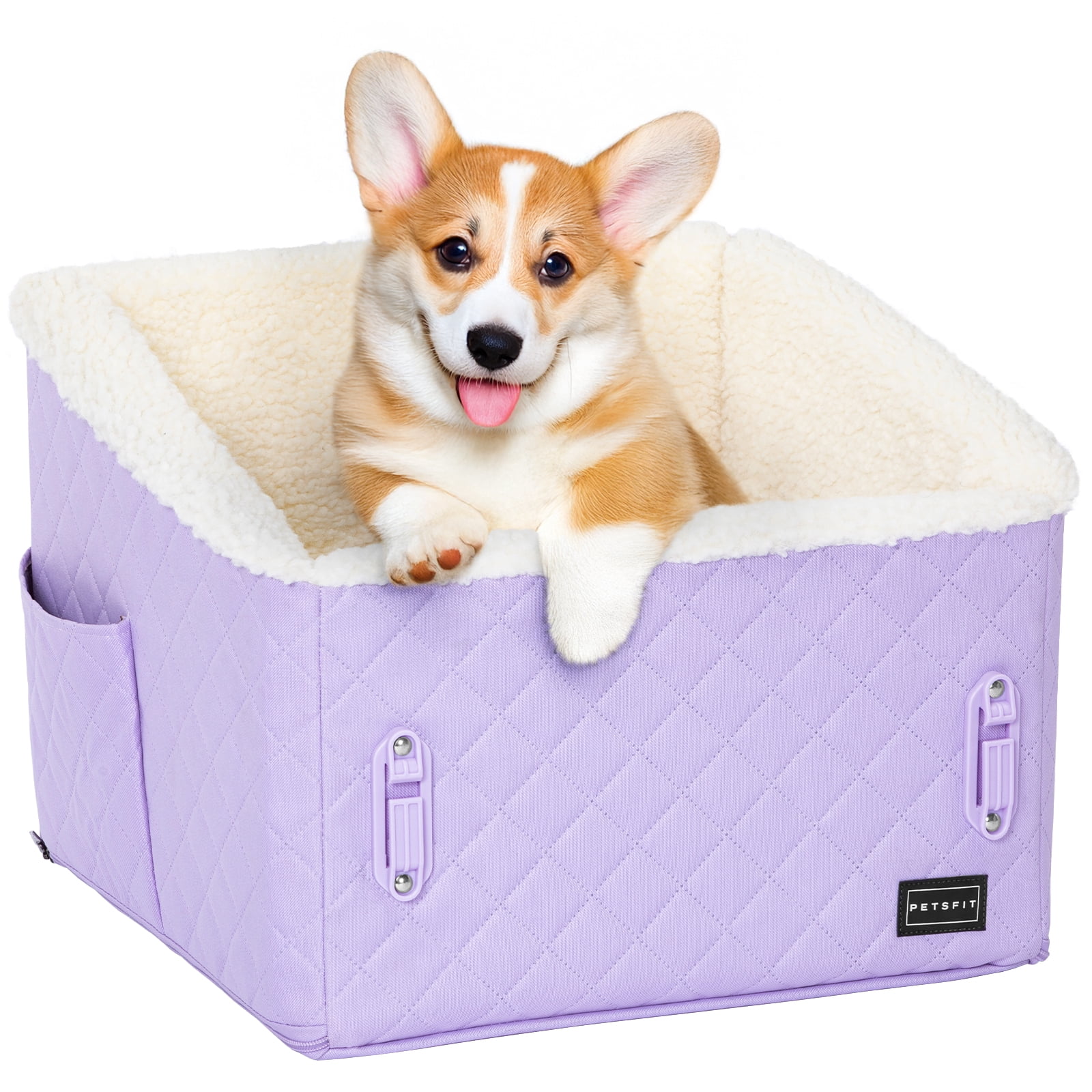 PETSFIT Dog Booster Car Seat, Soft Foam,Patented Safety Buckles, Storage Pockets and Detachable Clip-On Safety Leash, 30 LBS (Purple)