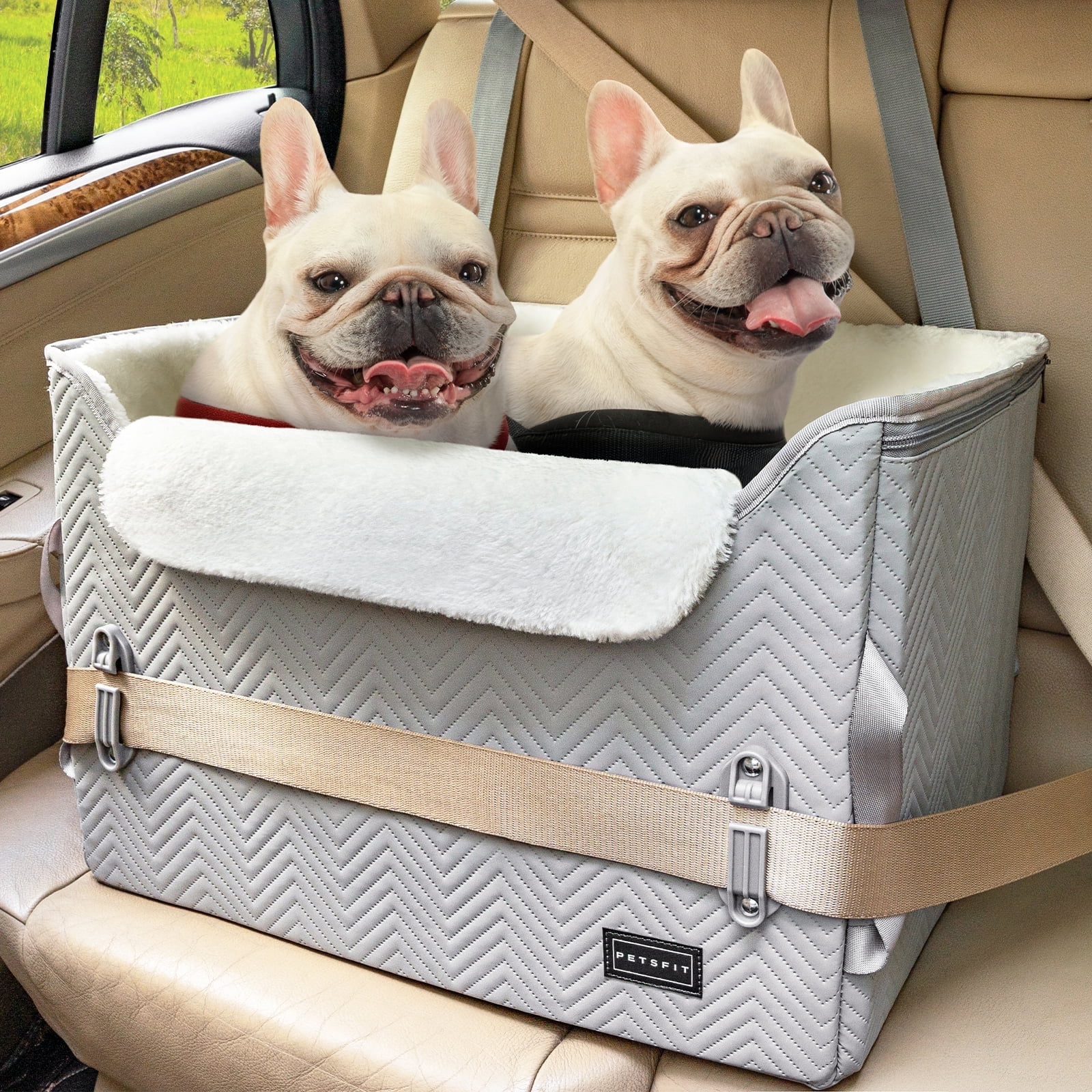 PETSFIT Dog Booster Car Seat, Waterproof PU Leather Car Seat for Dogs with Patented Safe Buckles, 2 Clip-On Safety Leashes, Grey