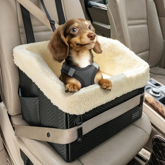 PETSFIT Small Dog Car Seat,Waterproof PU Leather Booster Seat for Small Dogs,Patent Safe Buckles, 30 lb Limit, Black
