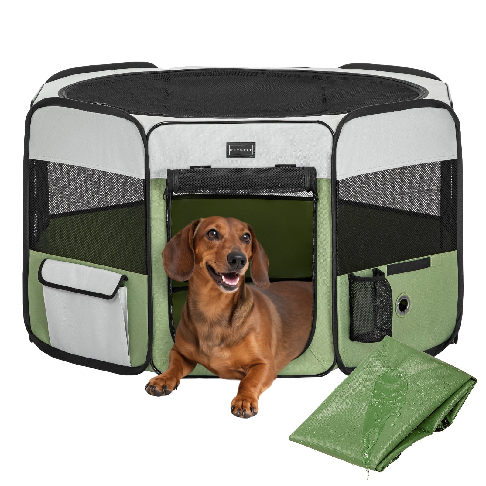 PETSFIT Dog Play Pen,36" Dia Dog Playpen Indoor/Outdoor, Pet Playpen for Cats Puppies&Small Animals-Removable Zipper Mesh Top Cover& Leakproof Bottom