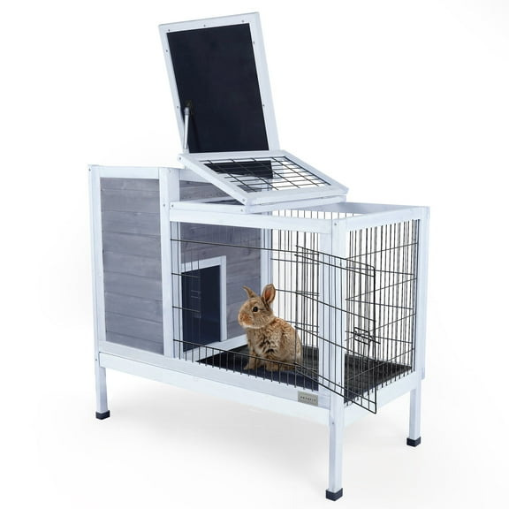 PETSFIT Guinea Pig House Leak Proof Design, Spruce Wood Rabbit Hutch with Bottom Net Hideout for Rest and Ramp for Enter and Out Solid Gray