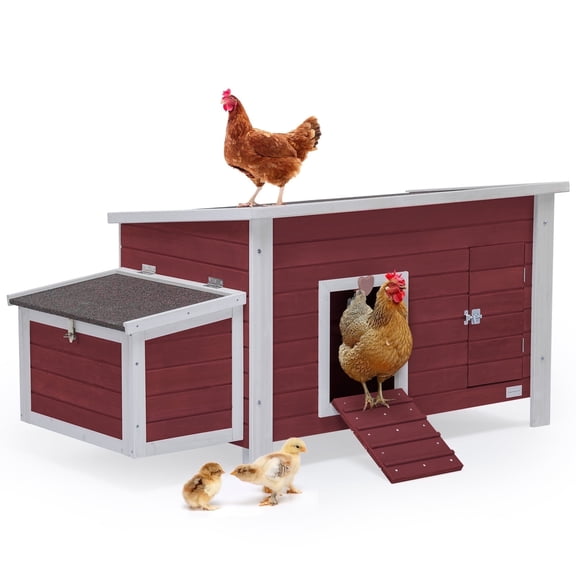 PETSFIT Large Chicken Coop, Wooden Hen House with Two Large Nesting Box,Poultry Cage,Asphalt Roof, Removable Bottom,Red