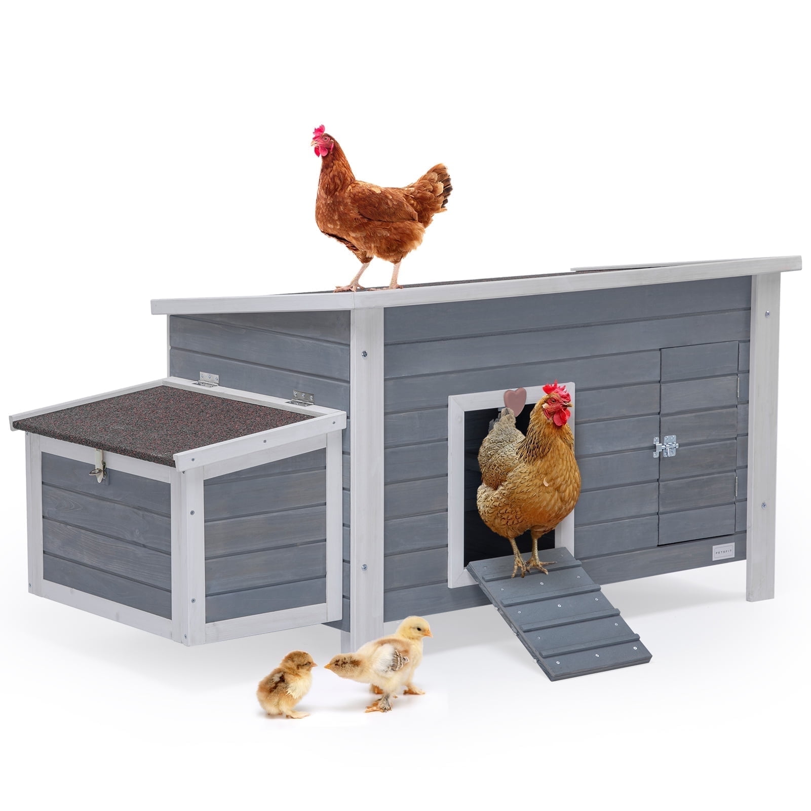 PETSFIT Large Chicken Coop with Upgraded Perches, Weatherproof Hen House with Two Large Nesting Box,Poultry Cage,3-5 chicken, Grey