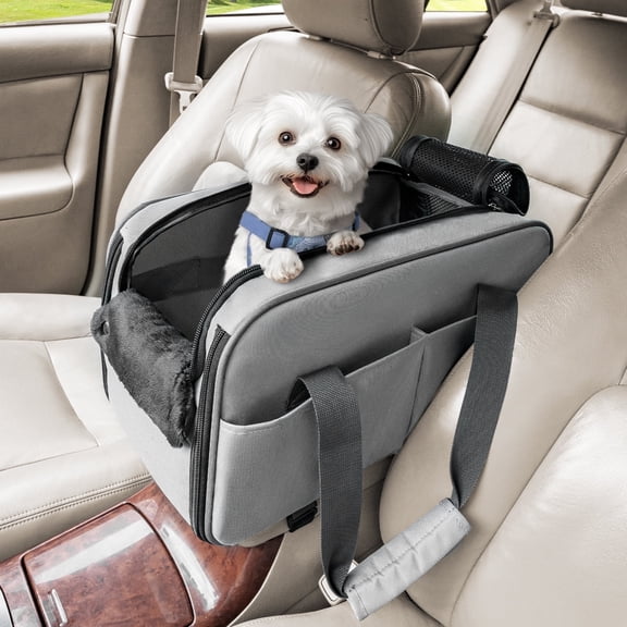 PETSFIT Multipurpose Console Dog Car Seat, Portable Small Dog Car Seat for Dogs, Cat Carrier, Pet Carrier Airline Approved with Safety Tether and Pockets (Light Grey)