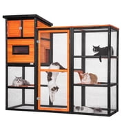Petsfit Large Wooden Outdoor Cat House with 2 Resting Rooms, 4 Platforms, and Waterproof Roof, Orange
