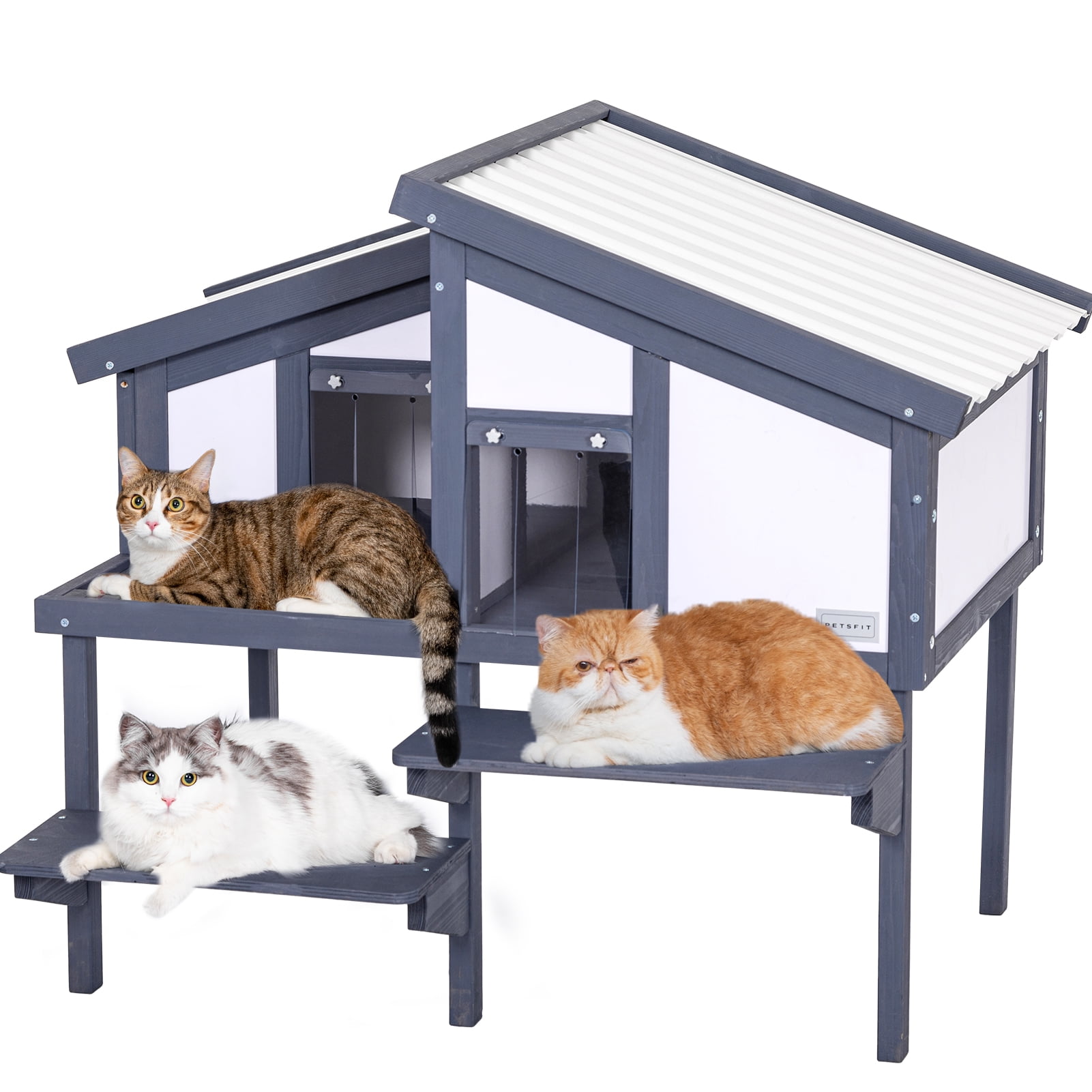 Modern Gray and White Wooden Outdoor Cat House with Balcony