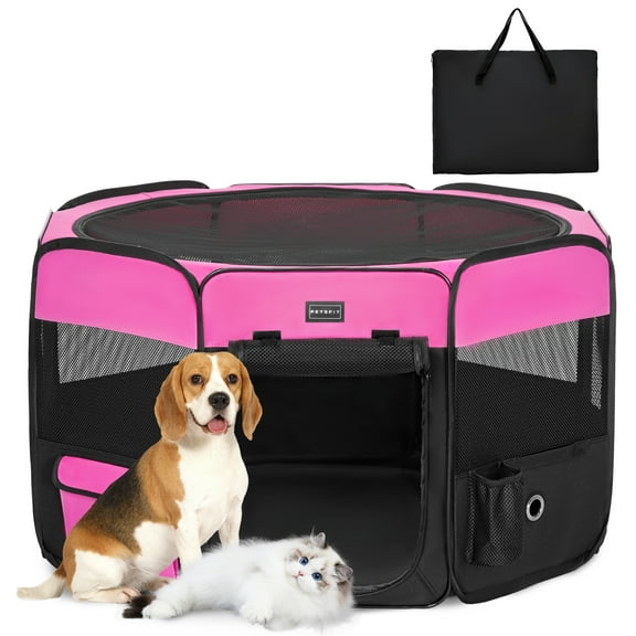 PETSFIT Portable Dog Playpen,36" Dog Play Pen Indoors with Removable Waterproof Mat & Zippered Roof | RV, Camping, Travel Dog Pen | Whelping & Cat Observation Space