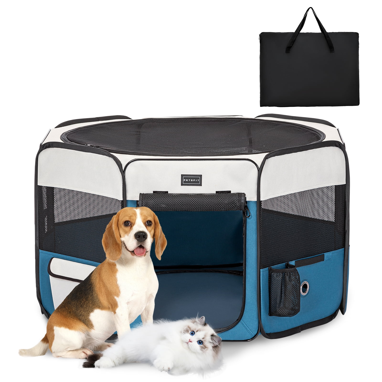 PETSFIT Portable Dog Playpen,36" Dog Play Pen Indoors with Removable Waterproof Mat & Zippered Roof | RV, Camping, Travel Dog Pen | Whelping & Cat Observation Space,Blue