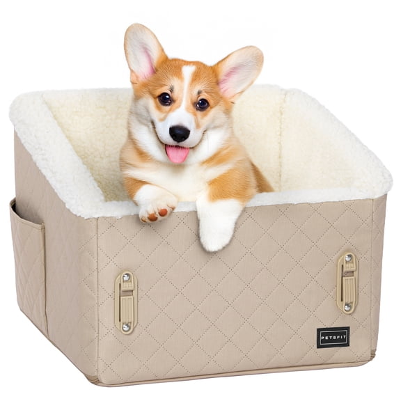 PETSFIT Small Dog Booster Car Seat, Patented Safety Buckles, Detachable Clip-On Safety Leash,Under 30 LBS (Khaki)