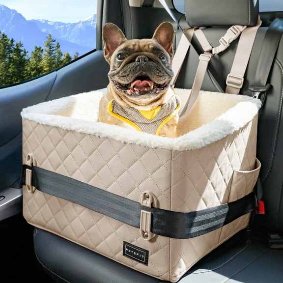 PETSFIT Small Dog Booster Car Seat, Soft Foam Puppy Car Seat with Patented Safety Buckles, Storage Pockets and Detachable Clip-On Safety Leash,Medium Dog Under 30 LBS (Khaki)