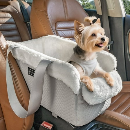 PETSFIT Small Dog Car Seat, Portable Dog Seat for Car with Safe Protective Hooks, Luxury Dog Console Car Seat,Up to 12 lbs,Grey