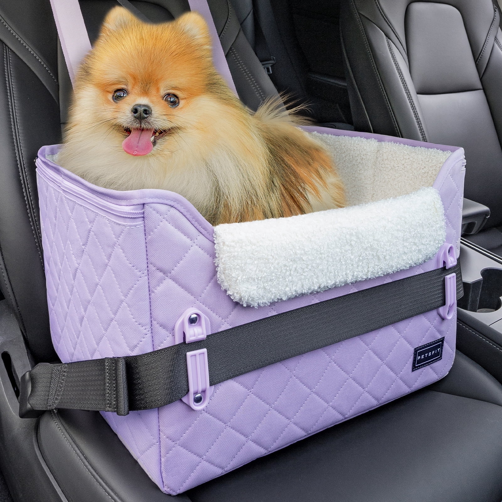 PETSFIT Small Dog Car Seat, Puppy Portable Dog Booster seat for Car with Clip-On Leash, Adjustable Straps Suitable for Small Pets Up to 25lbs (Lavender Purple)