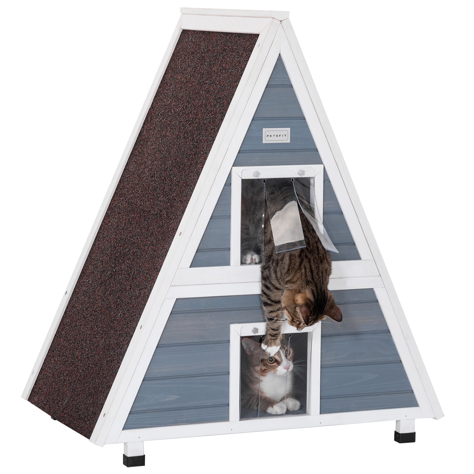 PETSFIT Weatherproof Outdoor Cat House  ，Two Level Outside Feral Cat House with Escape Door for Small Animal，31" Lx20 W x36 H，Grey