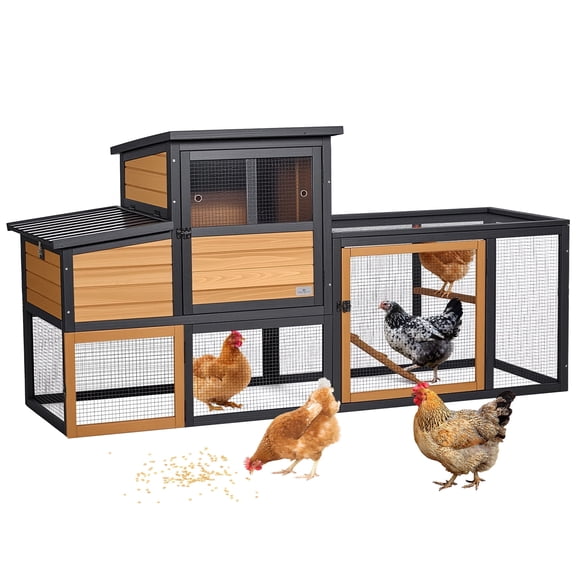 PETSFIT Wooden Chicken Coop for 2-4 Chickens, Backyard Coop with Run, 2 Nesting Boxes and 2 Roost Bars, PVC Windows, Easy-Clean 3-Door Access,Weather-Resistant PVC Roof, 6 Ground Stakes