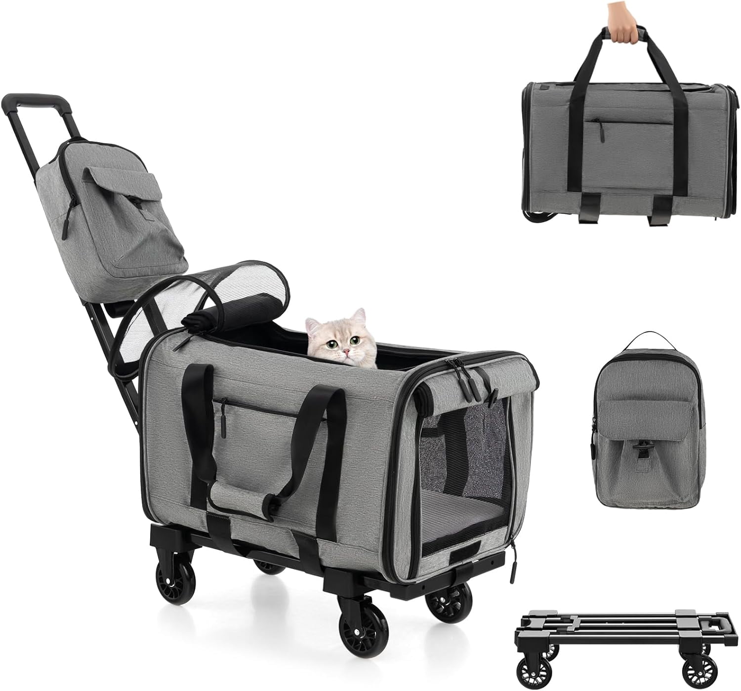 PETSITE 3-in-1 Cat Carrier with Wheels, Large Rolling Cat Dog Carrier ... - Cat Carrier For Home-Based Pet Use With Pets