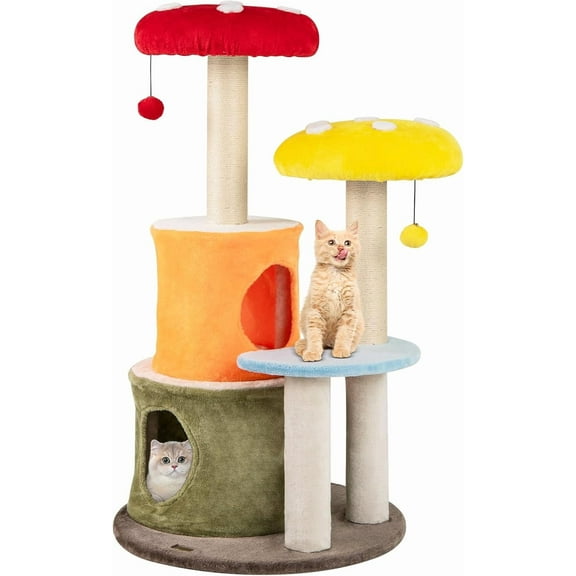 PETSITE Mushroom Cat Tree, Multi-Level Cute Cat Tree Tower with Sisal Scratching Posts, Cat Condo, Soft Plush Perches, and Dangling Toys for Indoor Cats (43 Inch)