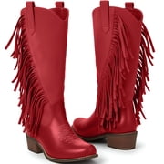 Ecetana Womens Cowboy Boots Chunky Heel Wide Calf Booties Tassel Western Boots for Women
