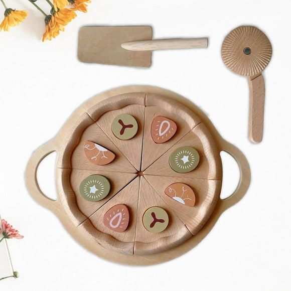 PETSOLA Pizza Toy Set Toy Pizza Set for Kids Boys Girls Kitchen Pretend Game Developmental Wood Kids Pizza Toy Wood Wooden Pizza Toy