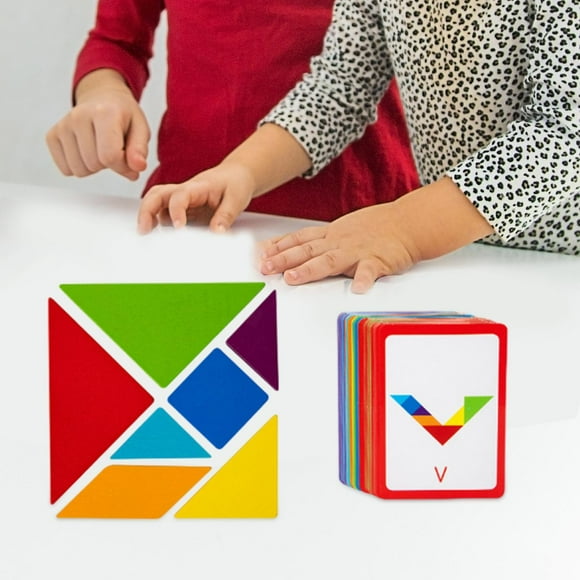 PETSOLA Wooden Tangram Shapes Puzzle Toys Family Board Games Tangram Geometry Math Pattern Blocks Toys Gifts Montessori Learning Toys