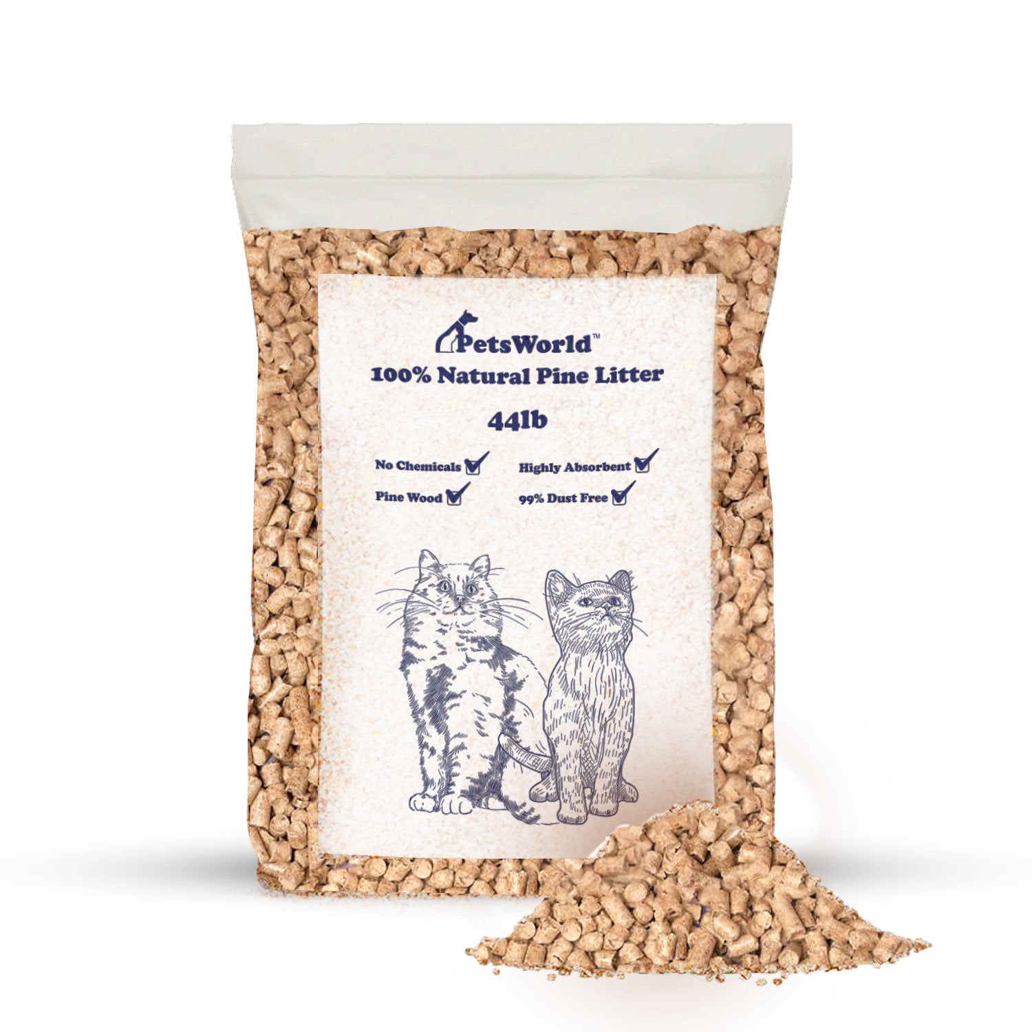 PETSWORLD 100 Natural Pine Wood Cat Litter, NonClumping & Non