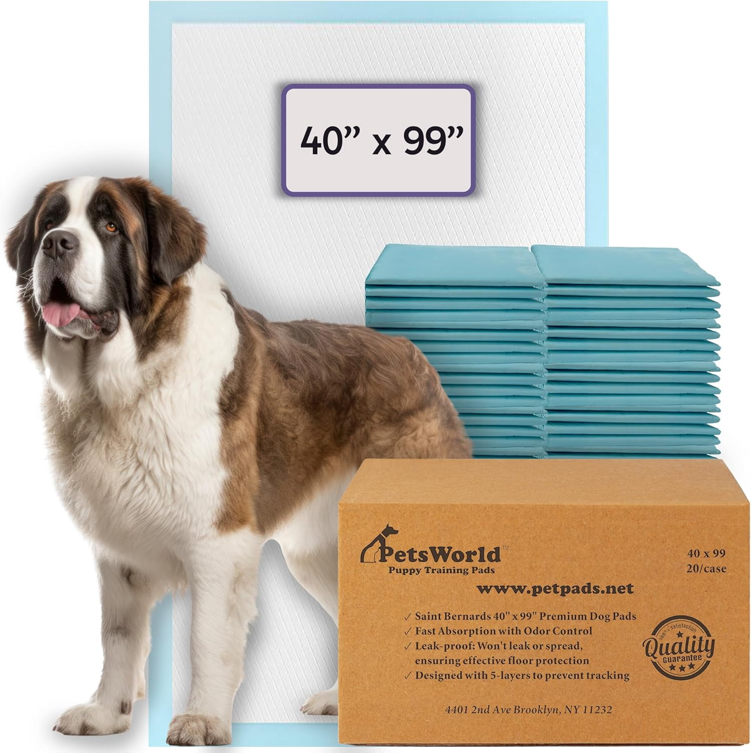 PETSWORLD 4XL Gigantic Dog Pee Pads, 40"x99", 10 Count, with Adhesive Tape, 5-Layer Leak Proof Protection