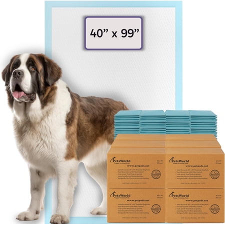 PETSWORLD 4XL Gigantic Dog Pee Pads, 40"x99", 240 Count, with Adhesive Tape, 5-Layer Leak Proof Protection