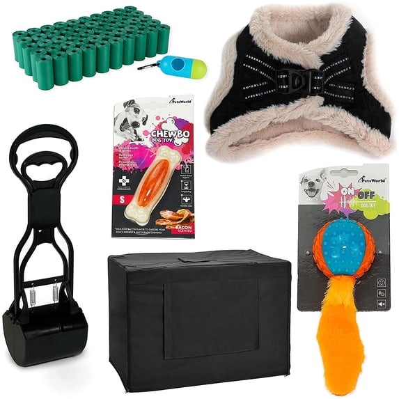 PETSWORLD Dog Starter Kit, Warm Black Harness for Medium Dogs, Shock Collar, Tie Out Stake 250 lb, Dog Ball Toy, Bacon Toy, Pooper Scooper + Dog Waste Bags 1000 Ct