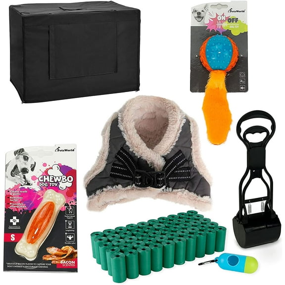 PETSWORLD Dog Starter Kit, Warm Red Harness for Extra-Small Dogs, Shock Collar, Tie Out Stake 125 lb, Dog Ball Toy, Bacon Toy, Pooper Scooper + Dog Waste Bags 1000 Ct