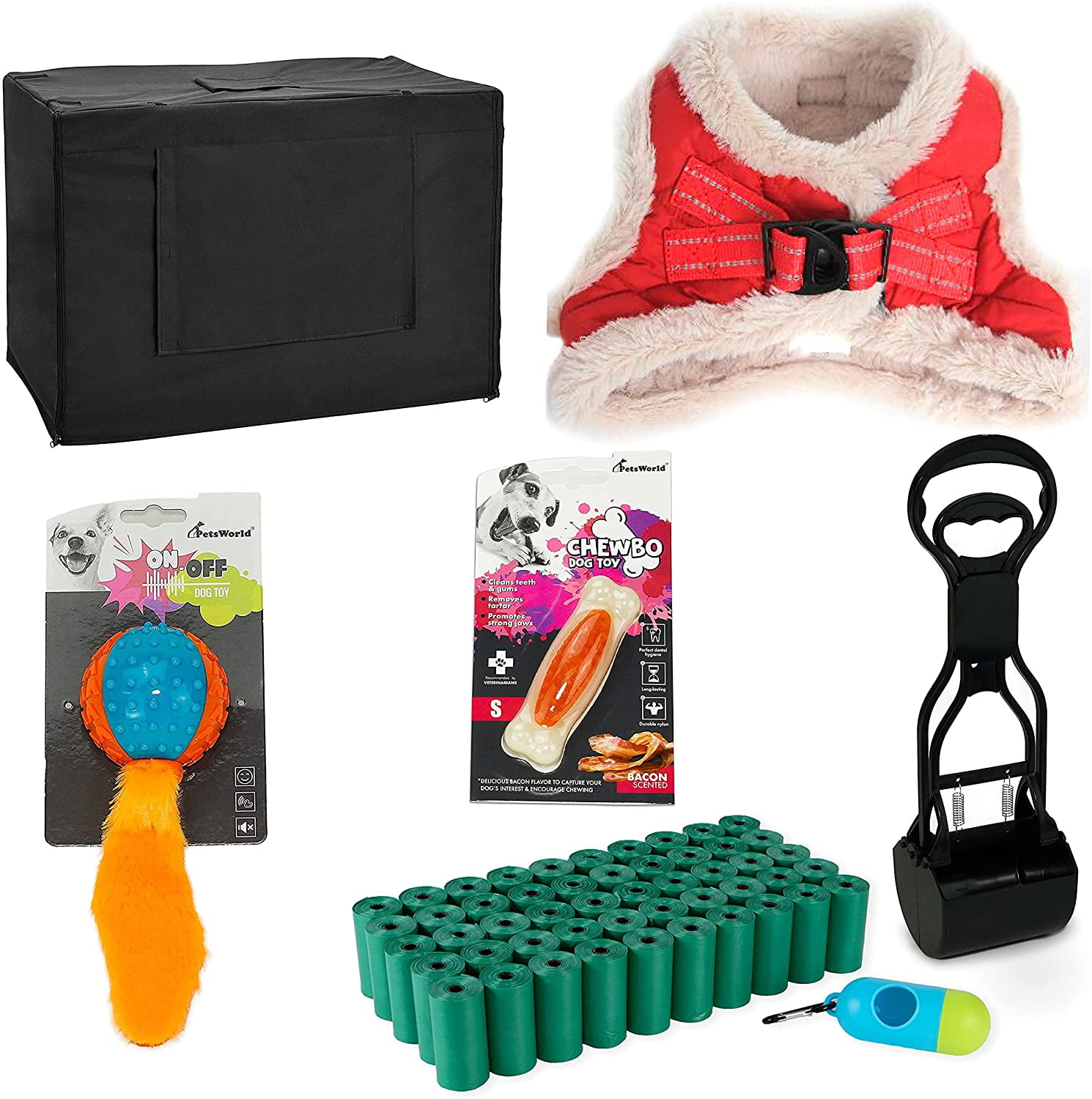 PETSWORLD Dog Starter Kit, Warm Red Harness for Large Dogs, Shock Collar, Tie Out Stake 250 lb, Dog Ball Toy, Bacon Toy, Pooper Scooper + Dog Waste Bags 1000 Ct