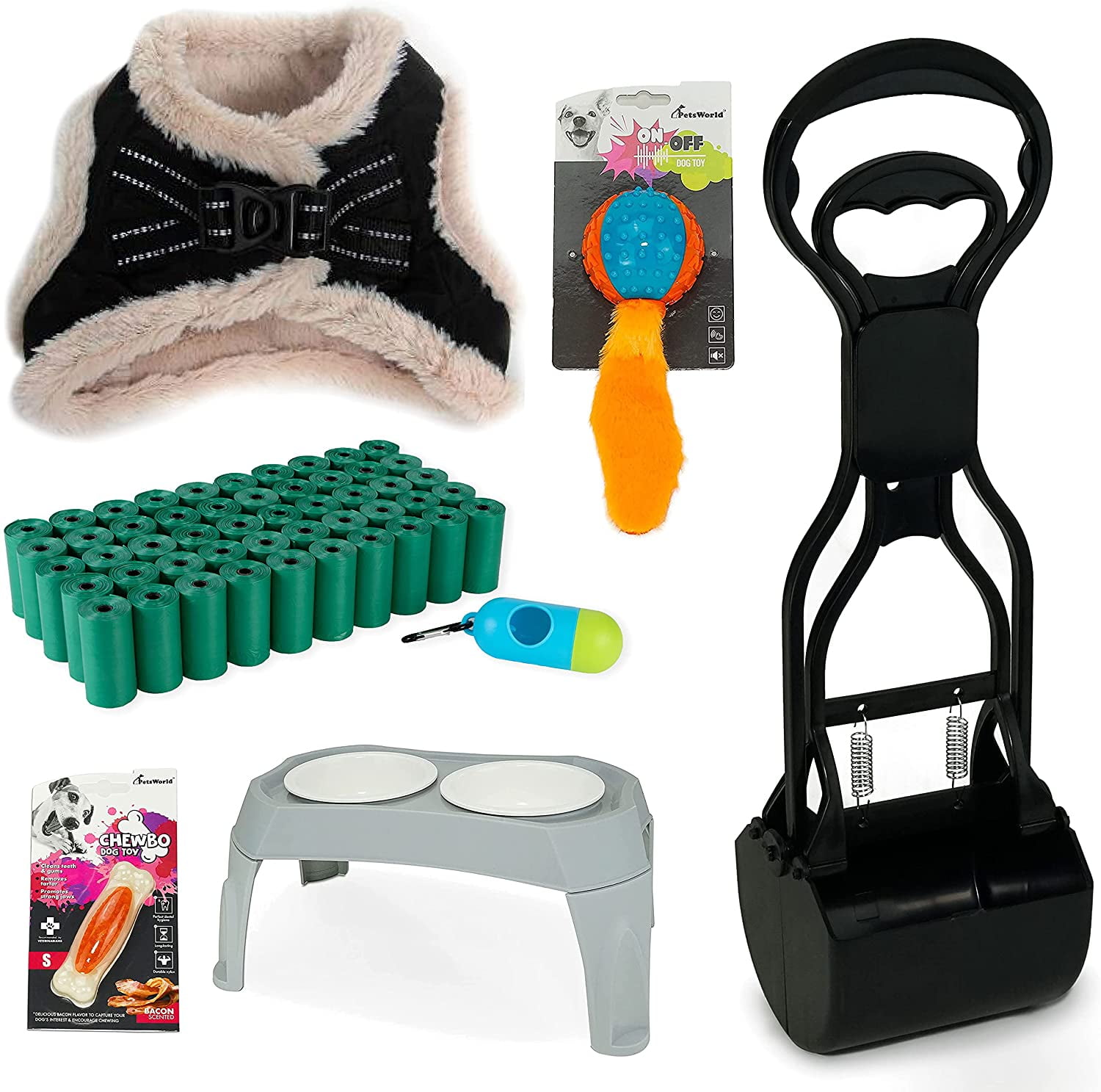 PETSWORLD Pet Starter Kit, Warm Black Harness for X-Small Dogs, Pet Bowl, Dog Ball Toy, Bacon Toy, Pooper Scooper + Dog Waste Bags