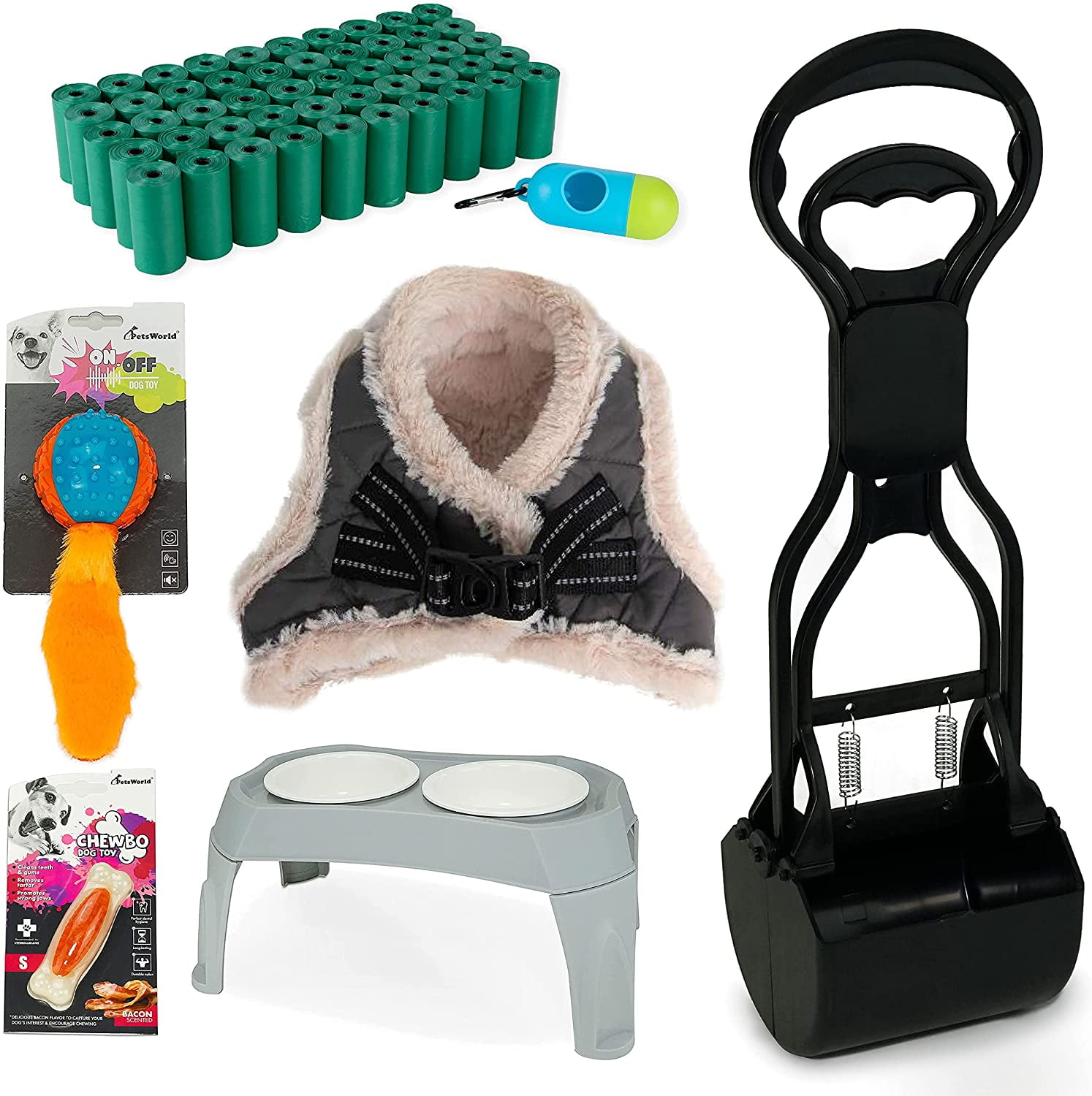 PETSWORLD Pet Starter Kit, Warm Grey Harness for Small Dogs, Pet Bowl, Dog Ball Toy, Bacon Toy, Pooper Scooper + Dog Waste Bags