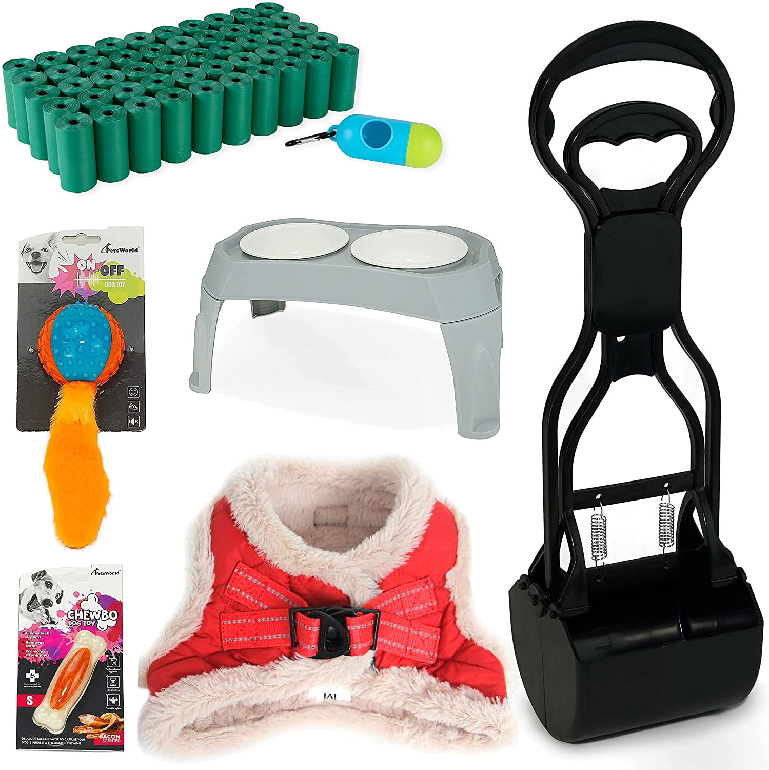 PETSWORLD Pet Starter Kit, Warm Red Harness for Large Dogs, Pet Bowl, Dog Ball Toy, Bacon Toy, Pooper Scooper + Dog Waste Bags