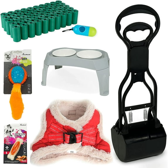 PETSWORLD Pet Starter Kit, Warm Red Harness for X-Small Dogs, Pet Bowl, Dog Ball Toy, Bacon Toy, Pooper Scooper + Dog Waste Bags