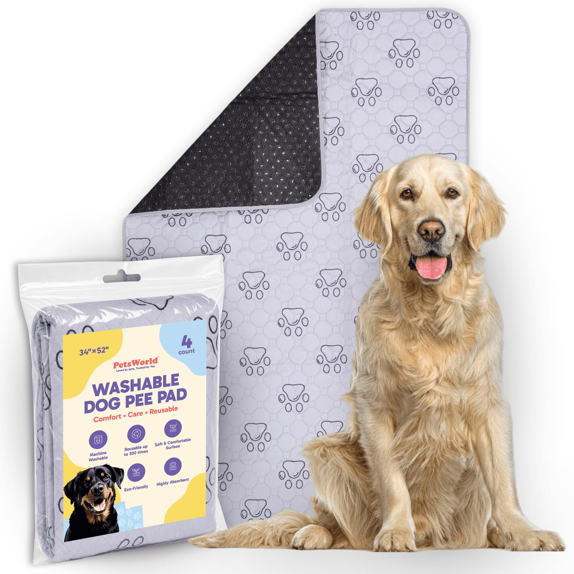 PETSWORLD Washable Reusable Dog Pee Pads (Pack of 4) – 34” x 52” Extra Large Training Pads with Non- Slip Backing – Waterproof, Leakproof, Absorbent Pet Pads for Puppies & Dogs