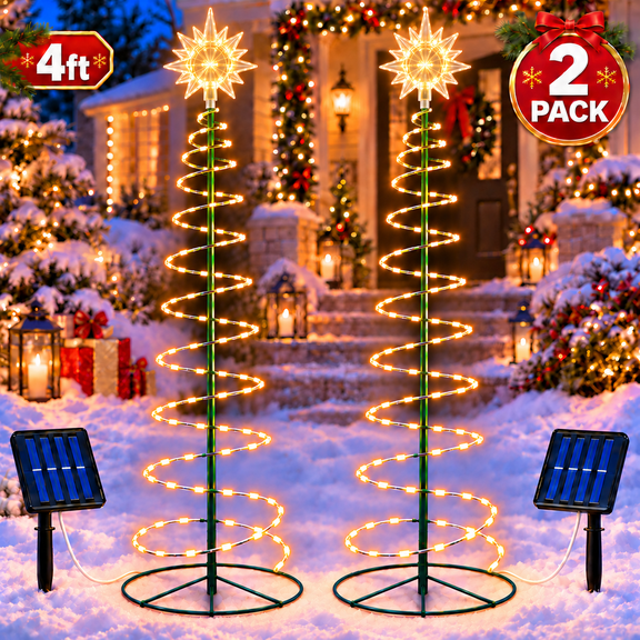 PEUHOP 2 Pack 4 ft Solar Spiral Christmas Tree Lights, Warm White LED Outdoor Pathway Lights with Star Toppers, 8 Modes, Foldable for Yard, Lawn and Garden