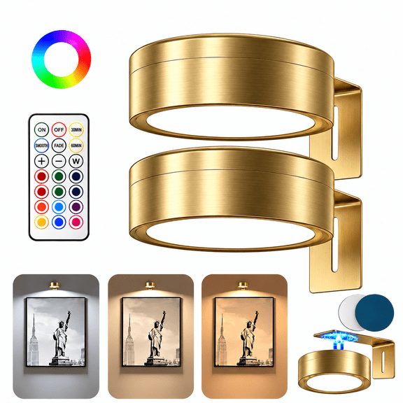PEUHOP 2 Pack Battery Operated Picture Light, Picture Lights for Wall, Painting Light with Remote Dimmable Timer, 3 Color Temps and 13 RGB, Poster Lights for Photo Wall Decor, Gold