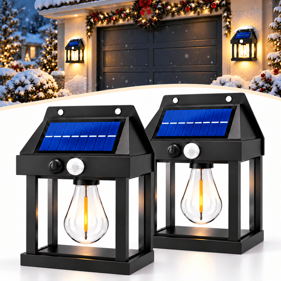 PEUHOP 2 Pack Black Solar Motion Sensor Outdoor Lights, Waterproof Wall Lights, Warm White Porch Lights with 3 Modes for Front Door, Patio and Yard